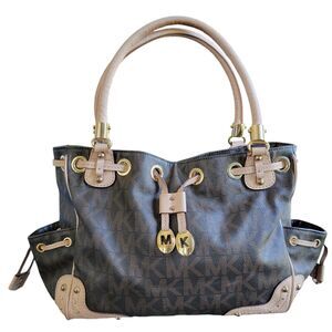 Michael Kors Brown Monogram Drawstring Satchel Handbag Purse Double Top Handle